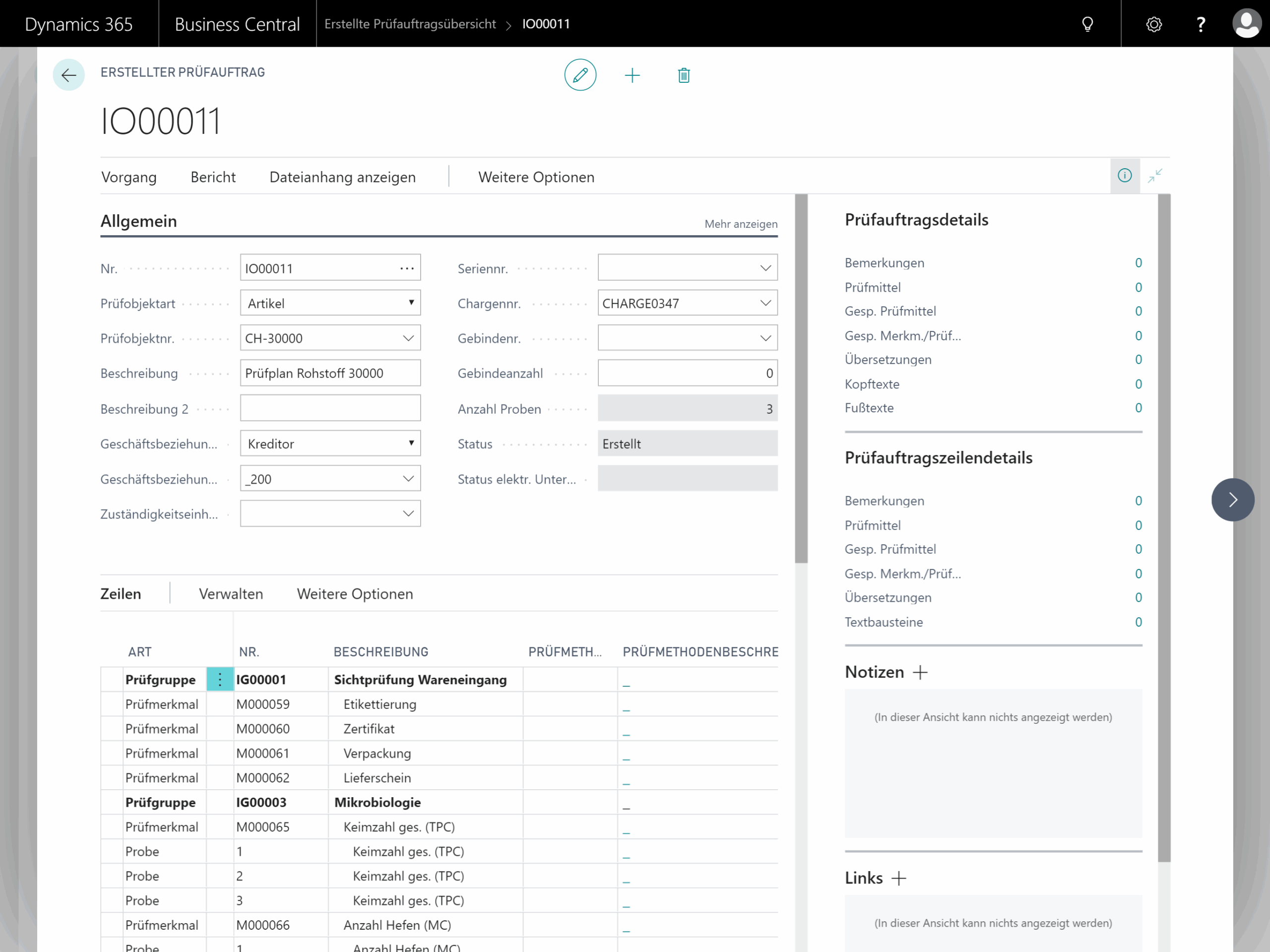 Dynamics 365 Prüfauftragserstellung mit detaillierten Prüfposten.
