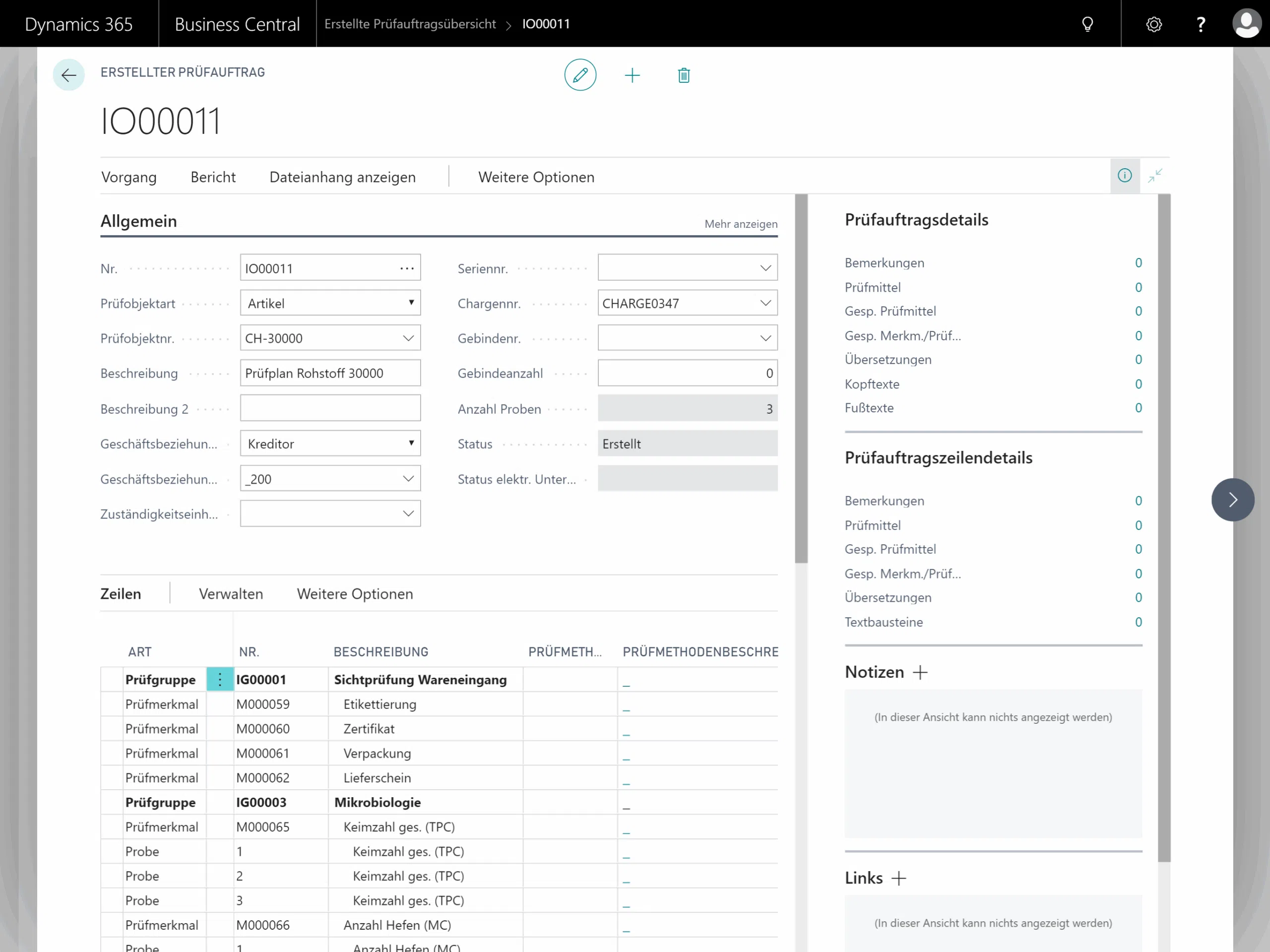 Dynamics 365 Prüfauftragserstellung mit detaillierten Prüfposten.