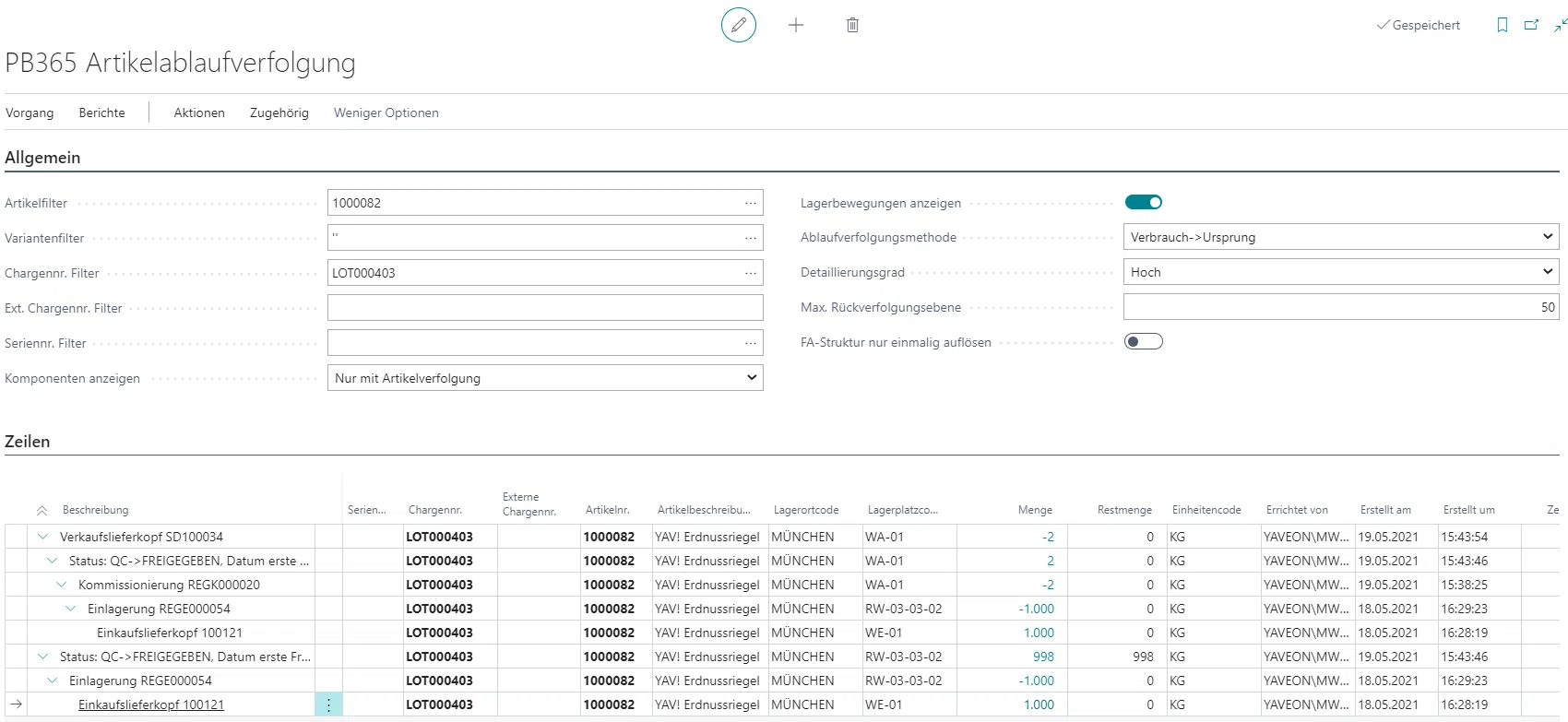 Software-Schnittstelle für Artikelablaufverfolgung mit Filteroptionen