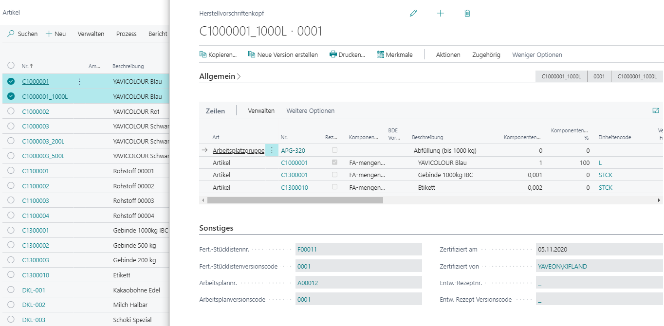 Produktionsübersicht mit Artikeldetails in ERP-System.