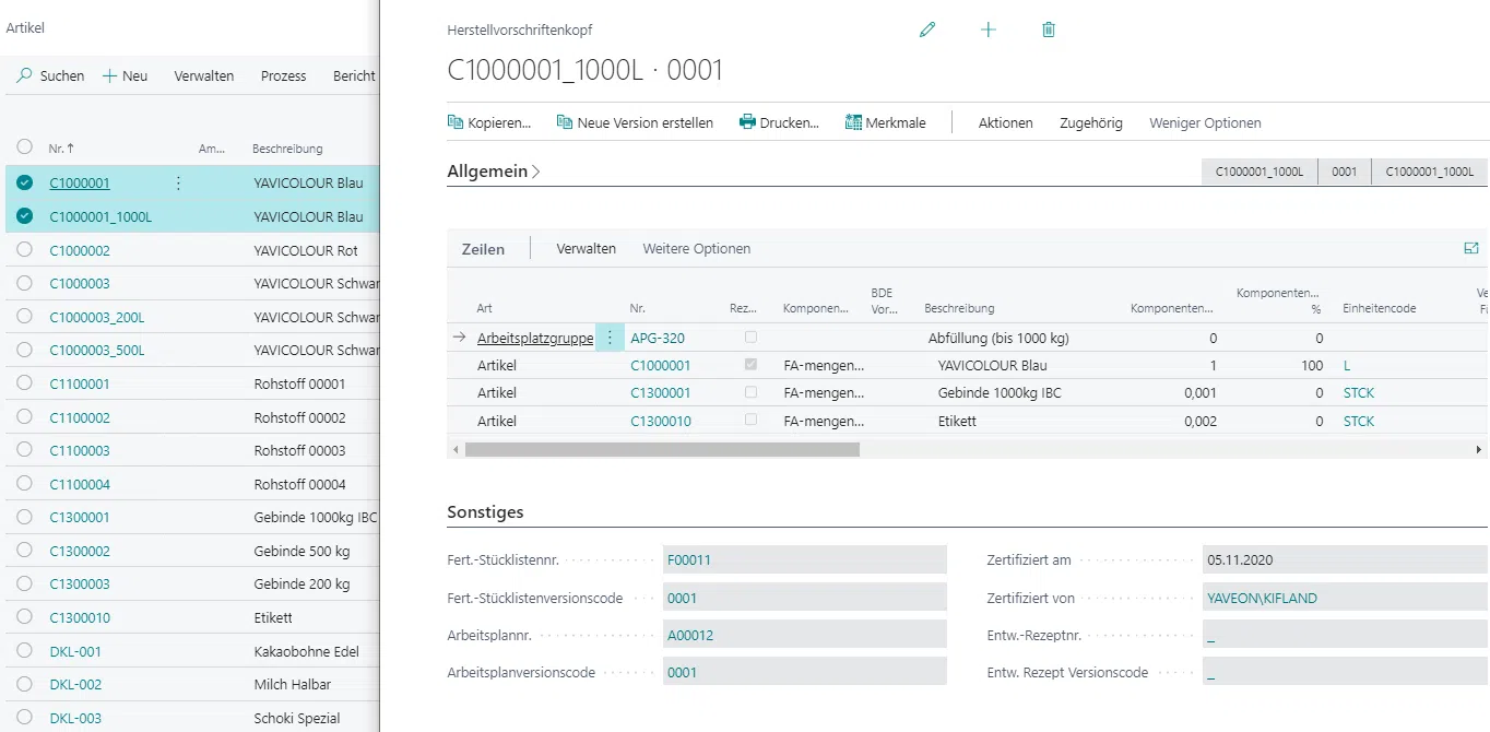 Produktionsübersicht mit Artikeldetails in ERP-System.