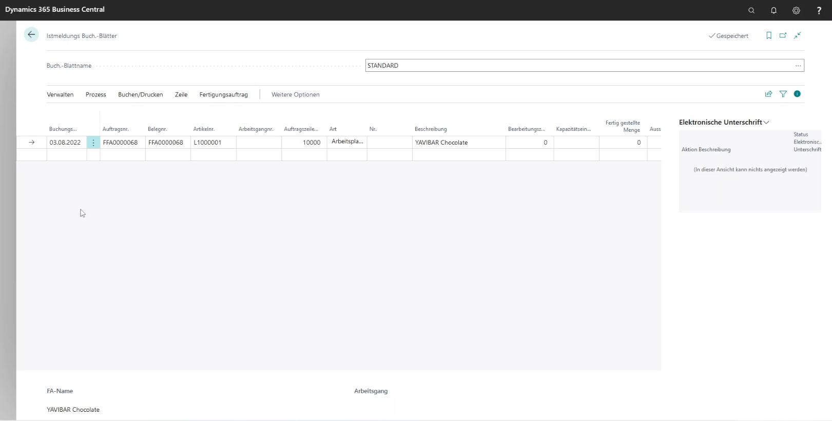 Dynamics 365 Business Central Benutzeroberfläche mit Produktionsdaten