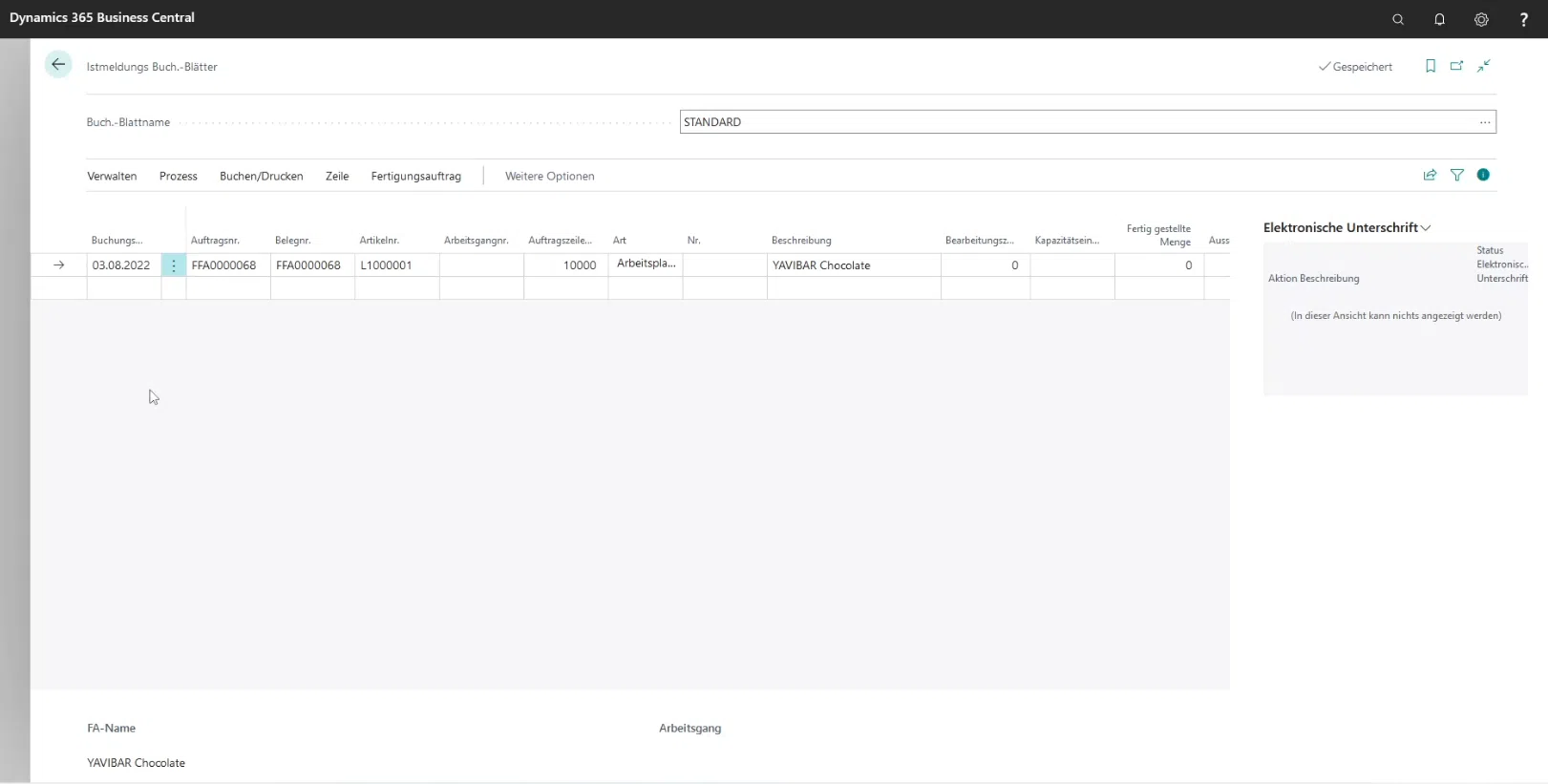Dynamics 365 Business Central Benutzeroberfläche mit Produktionsdaten