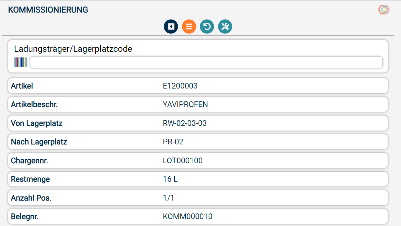 Kommissionierungsliste mit Artikelinformationen und Lagerplätzen.