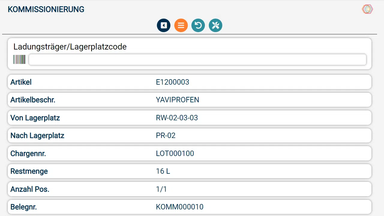 Kommissionierungsliste mit Artikelinformationen und Lagerplätzen.