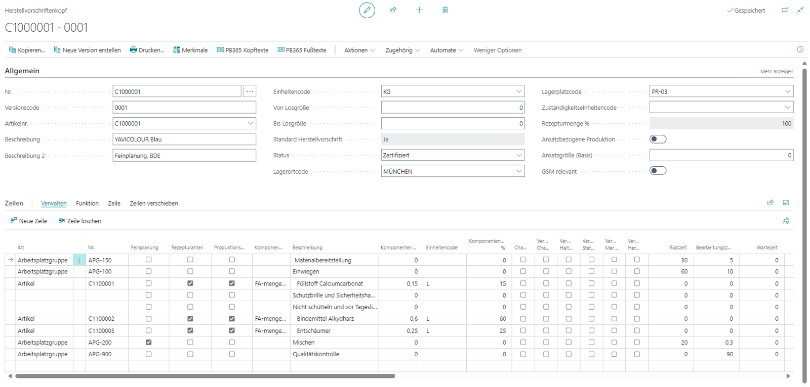 Herstellvorschrift mit Artikeln und Details in einem ERP-System.
