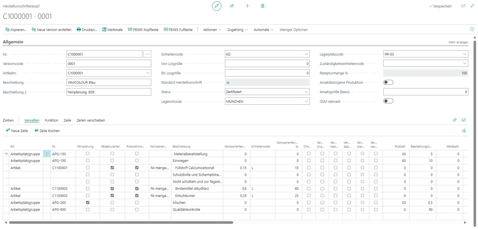 Herstellvorschrift mit Artikeln und Details in einem ERP-System.