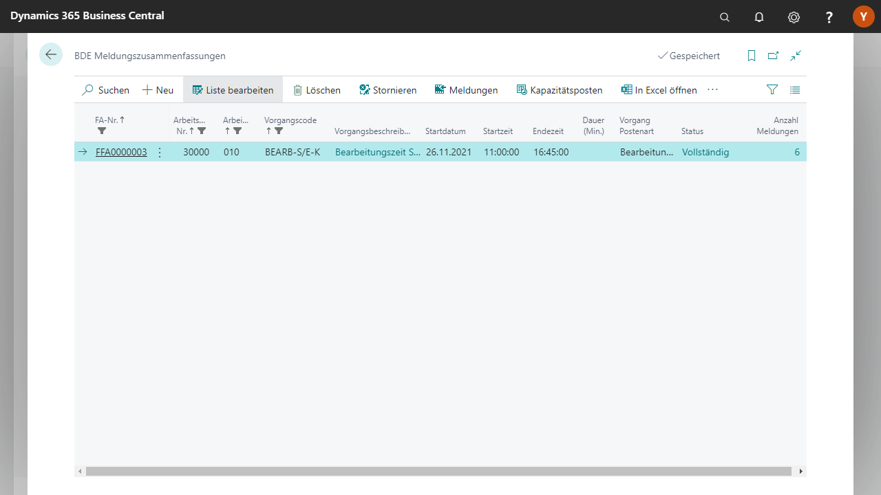 Dynamics 365 Business Central-Ansicht zeigt BDE-Meldungszusammenfassung.