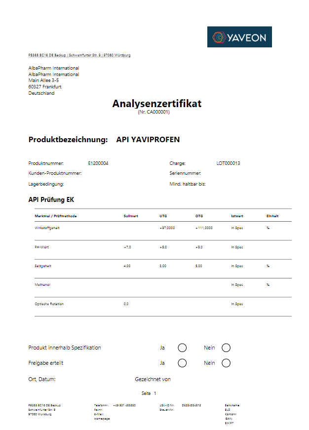 Analysezertifikat für API YAVIPROFEN mit Prüfungsergebnissen.