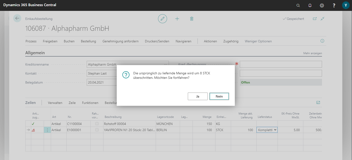Dialogfenster in Dynamics 365 Business Central zu Liefermenge.