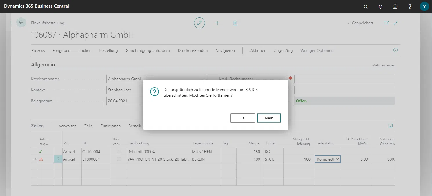 Dialogfenster in Dynamics 365 Business Central zu Liefermenge.