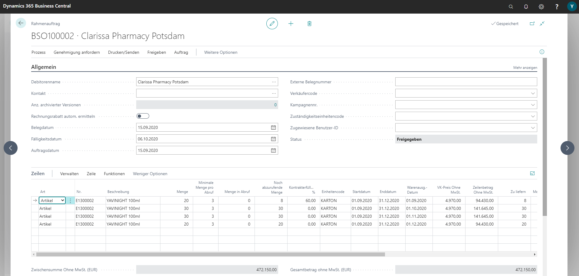 Dynamics 365 Business Central Übersicht einer Kundenbestellung.