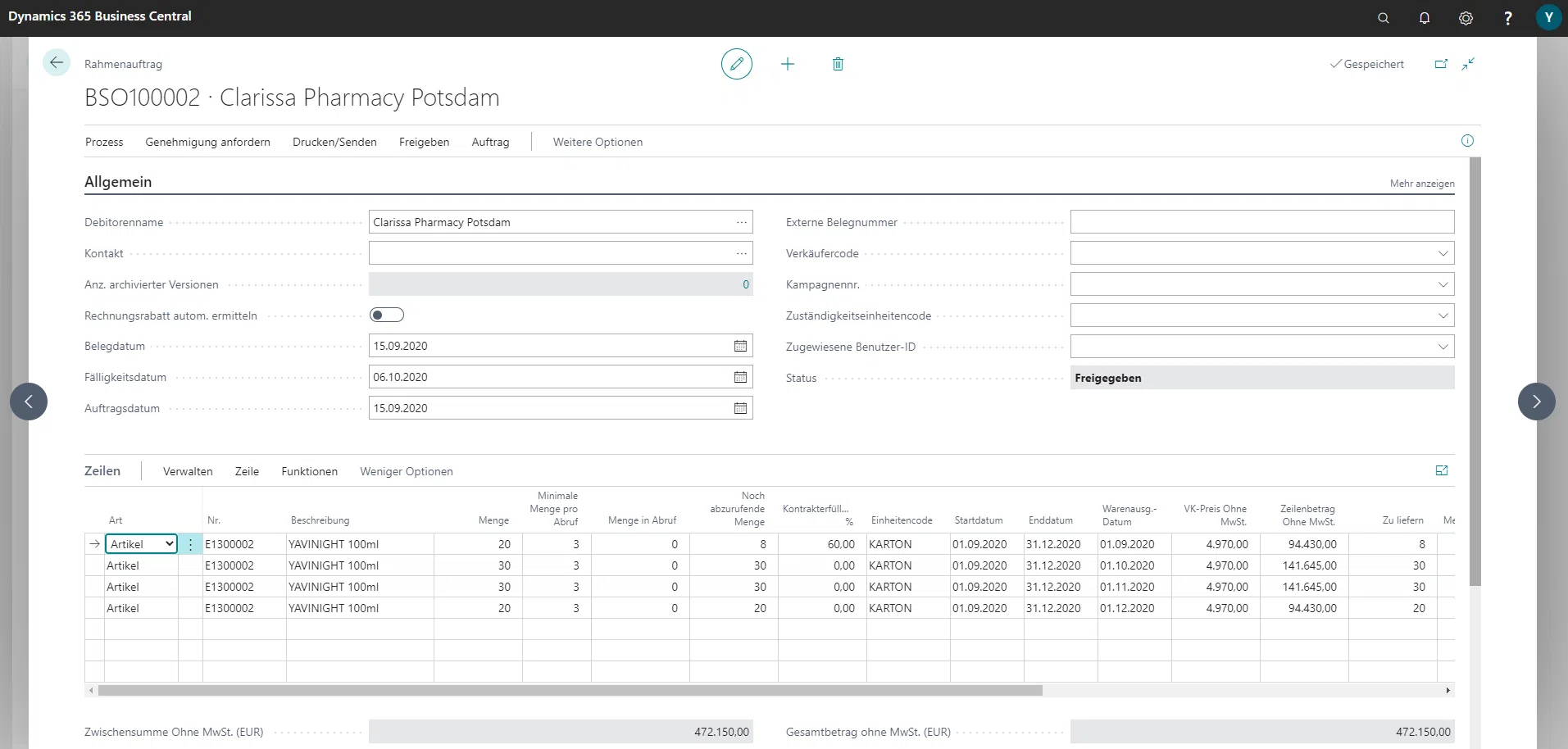 Dynamics 365 Business Central Übersicht einer Kundenbestellung.