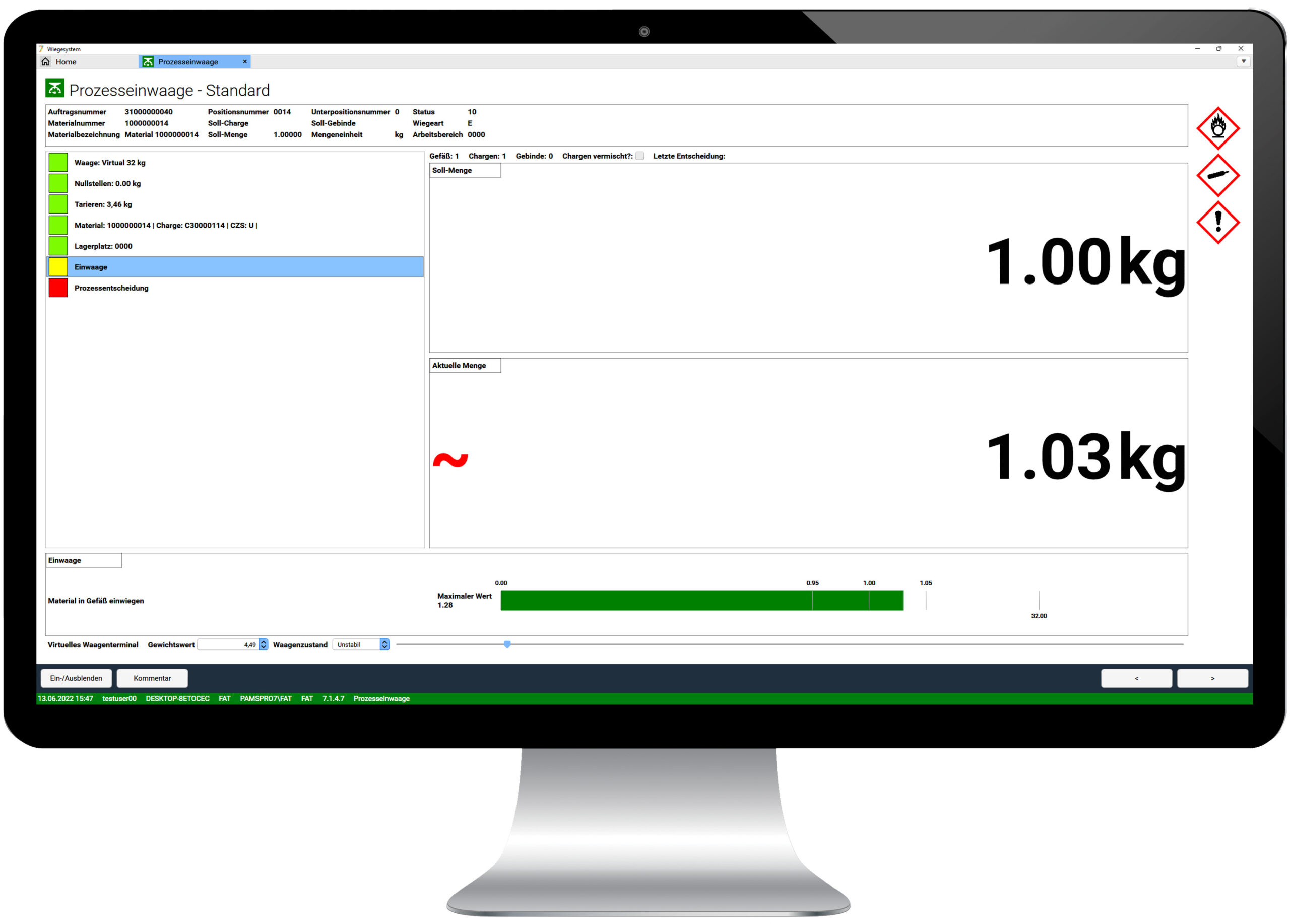 Bildschirm mit Prozesseinwaage-Software und Gewichtsangabe.