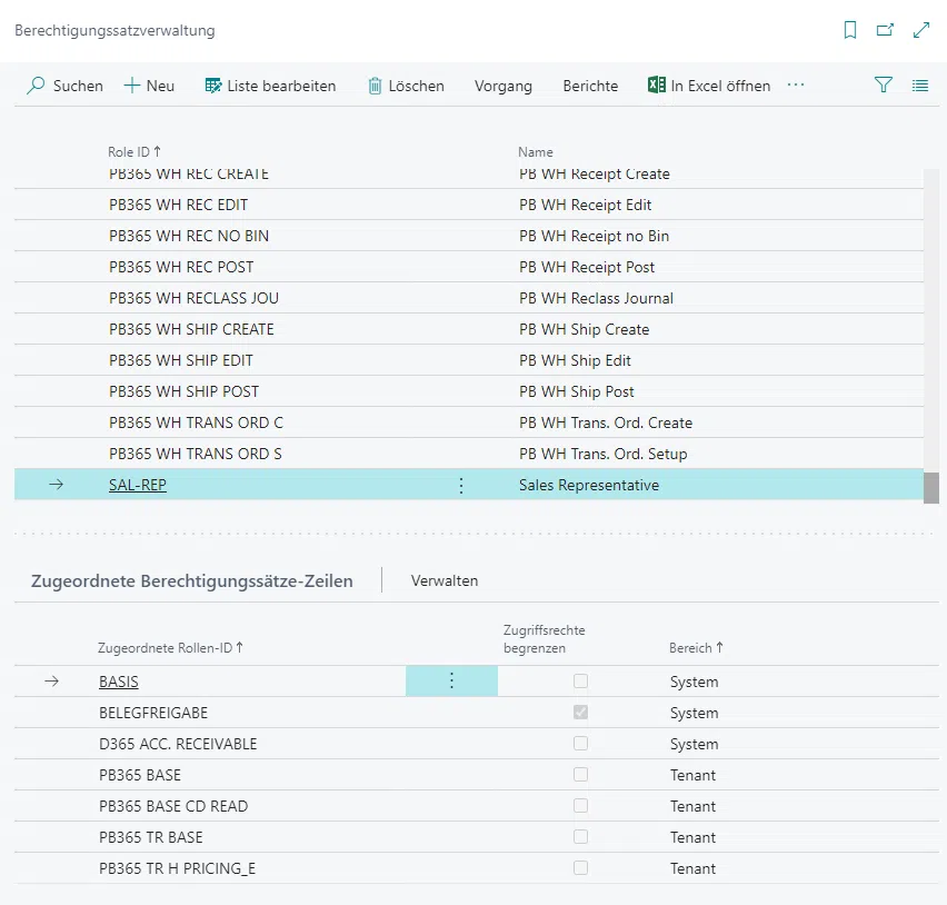 Berechtigungssatzverwaltung in einem Software-Interface.