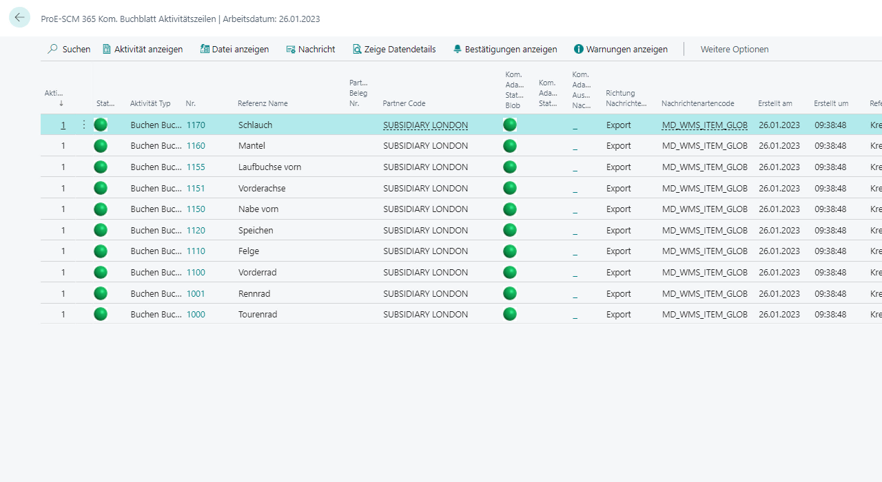 ProE-SCM 365 Buchungsliste mit Exportdetails und Artikelnamen