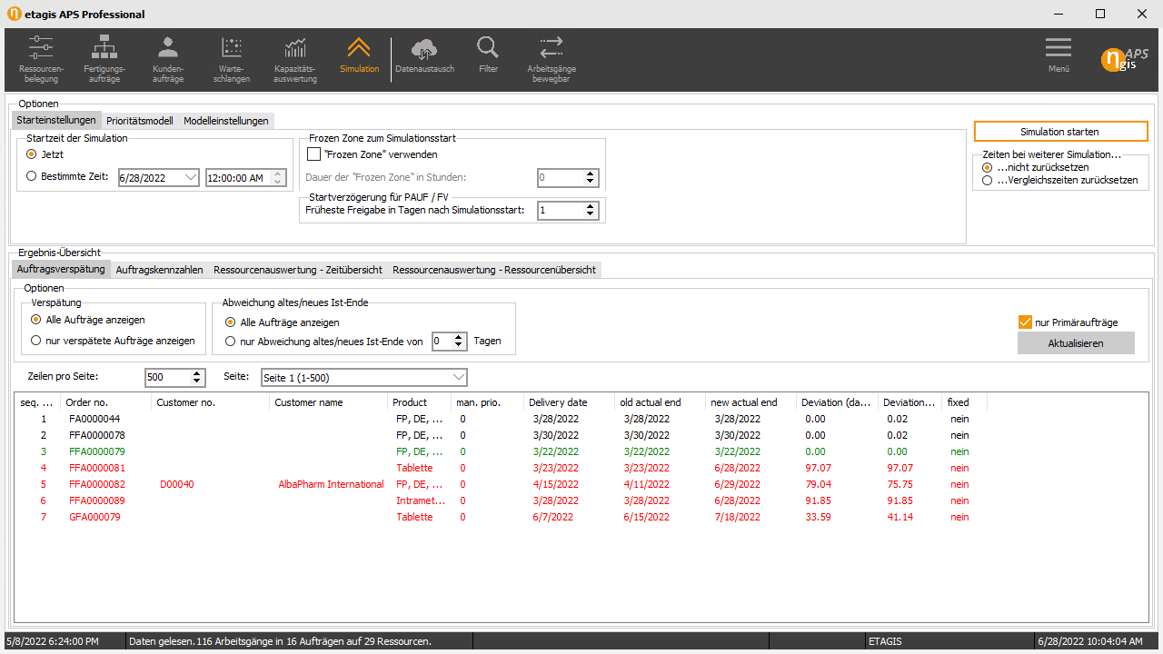 APS-Software-Screenshot mit Produktionsauftragsübersicht und Simulationsoptionen