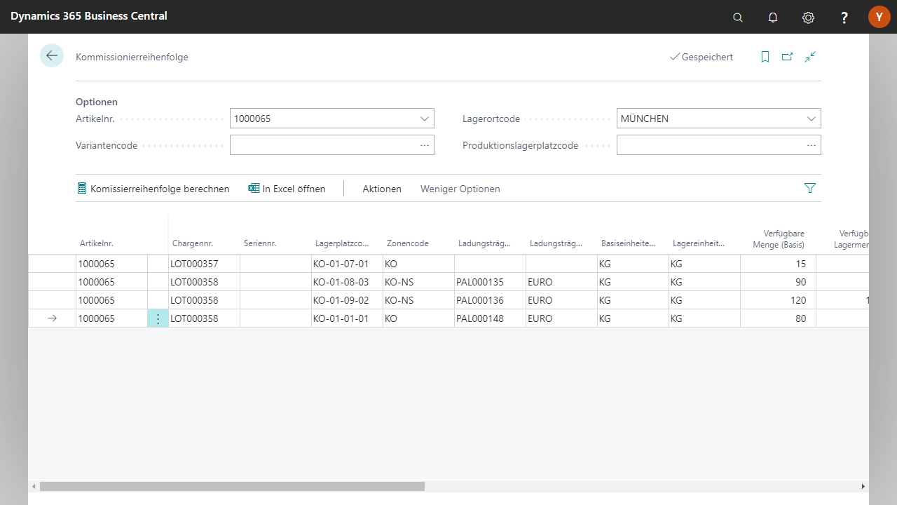 Dynamics 365 Kommissionierübersicht mit Lagerinformationen.