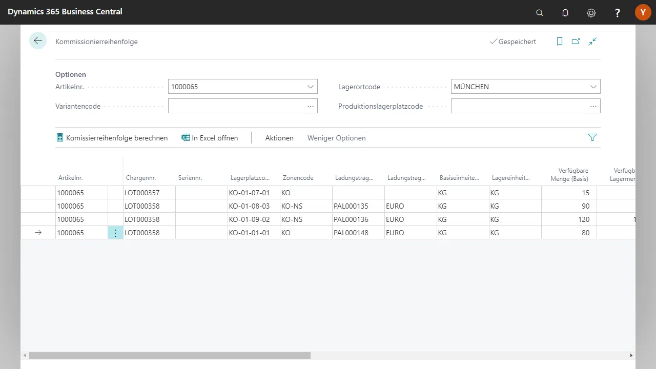 Dynamics 365 Kommissionierübersicht mit Lagerinformationen.
