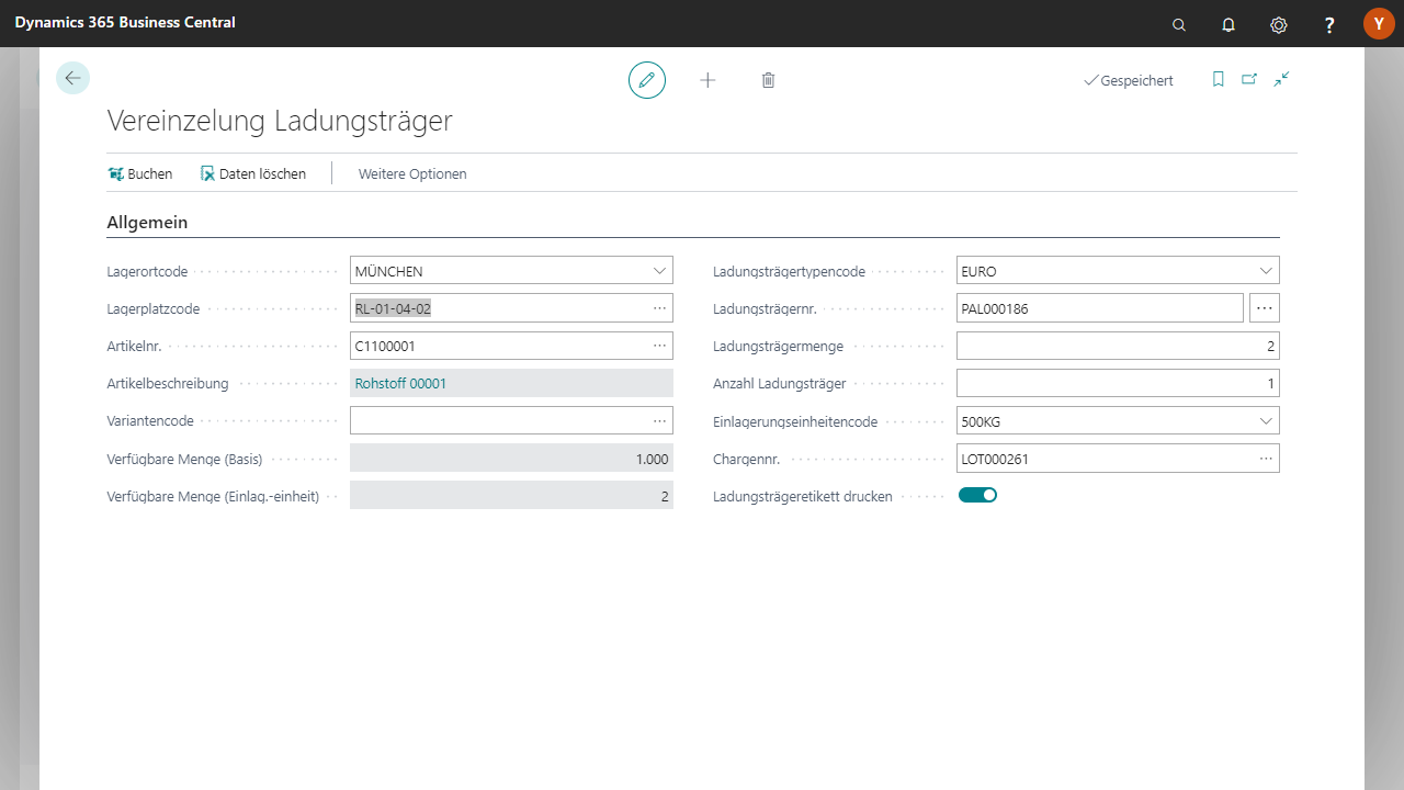 Dynamics 365 Lagerverwaltung mit Ladungsträgerdetails.
