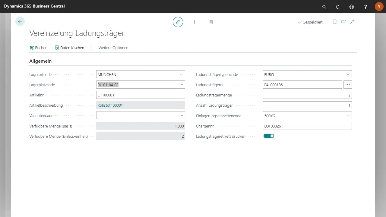 Dynamics 365 Lagerverwaltung mit Ladungsträgerdetails.