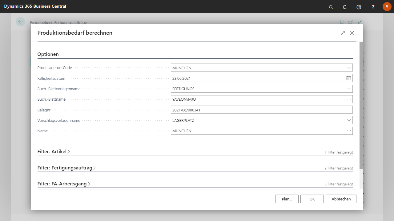 Formular zur Berechnung des Produktionsbedarfs in Dynamics 365 Business Central.