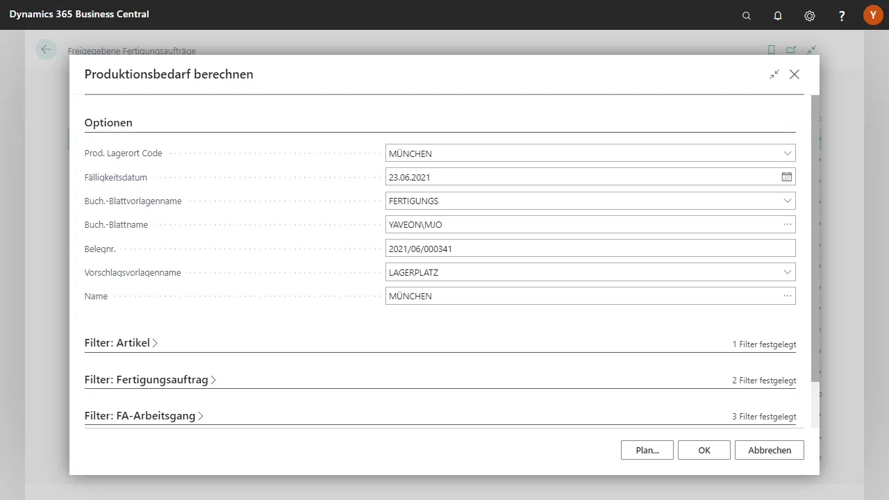 Formular zur Berechnung des Produktionsbedarfs in Dynamics 365 Business Central.