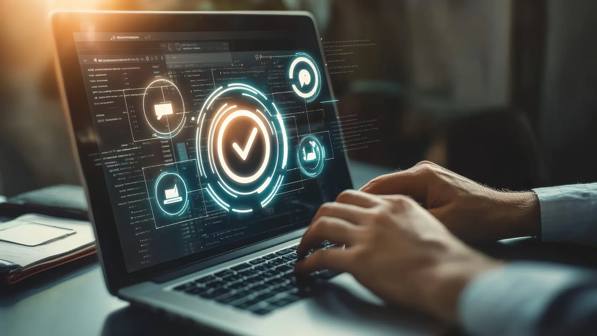 Softwarevalidierung auf Laptop mit digitalem Bestätigungs-Symbol.
