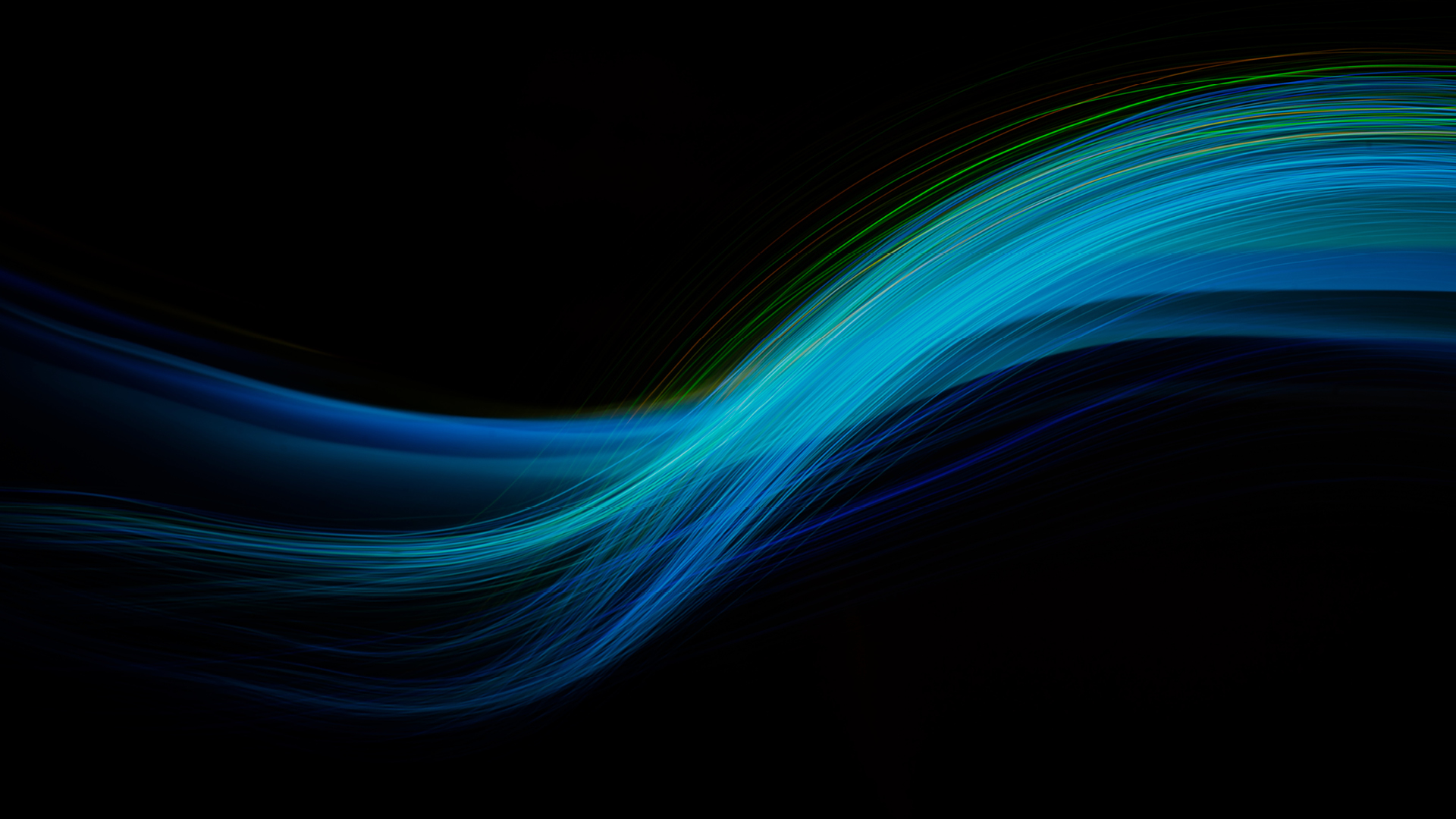 Wellenförmige, blaue Lichtbahnen auf schwarzem Hintergrund