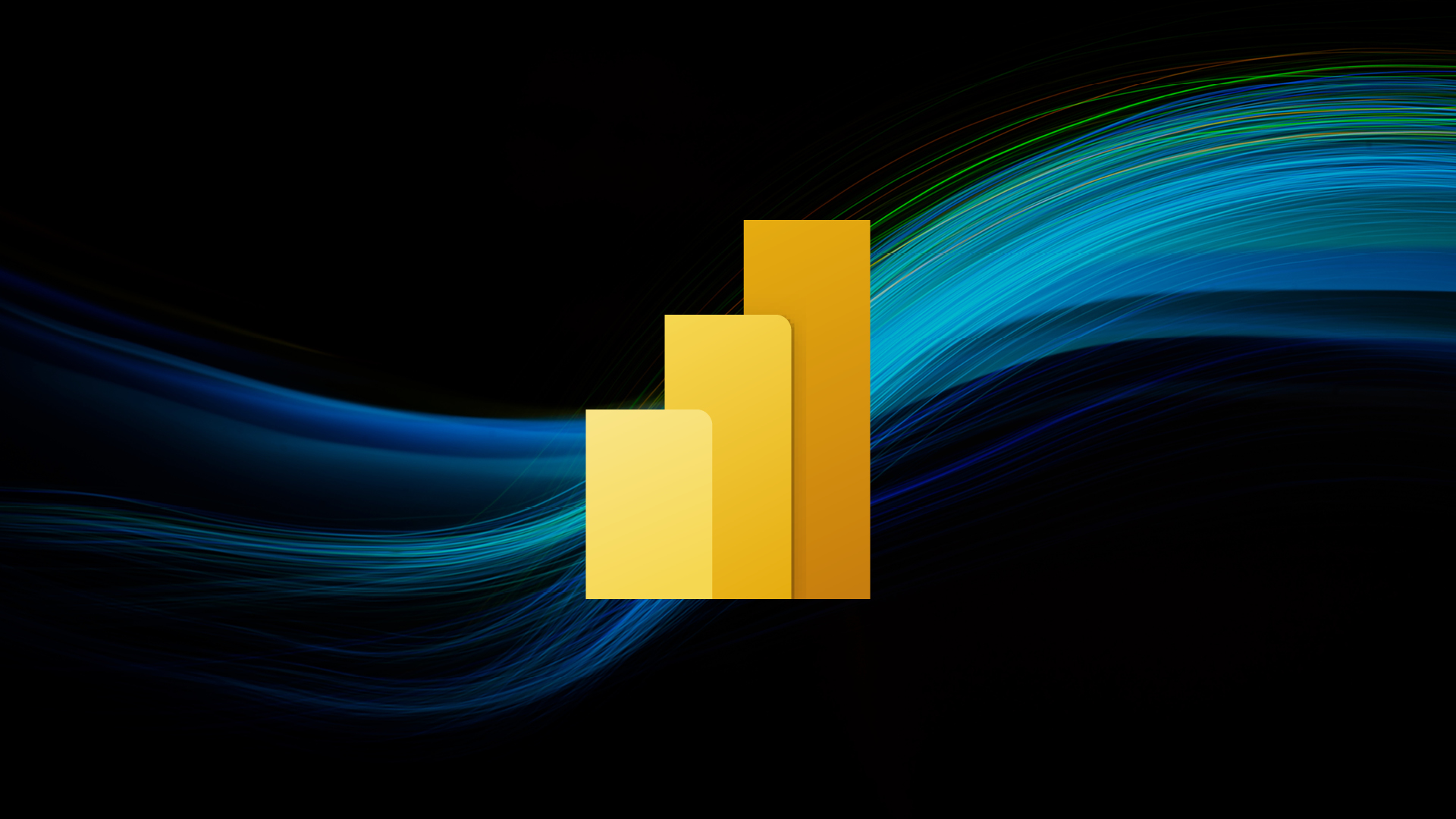 Power BI Logo auf wellenförmigen, blauen Lichtbahnen