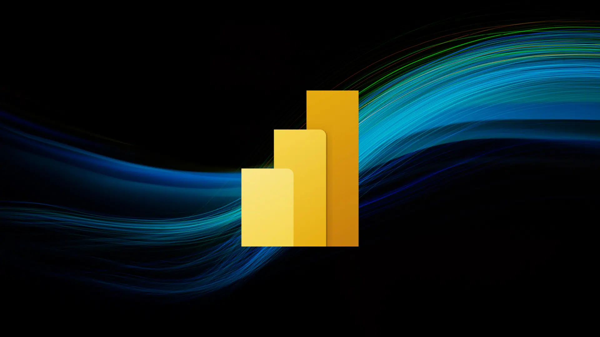 Power BI Logo auf wellenförmigen, blauen Lichtbahnen