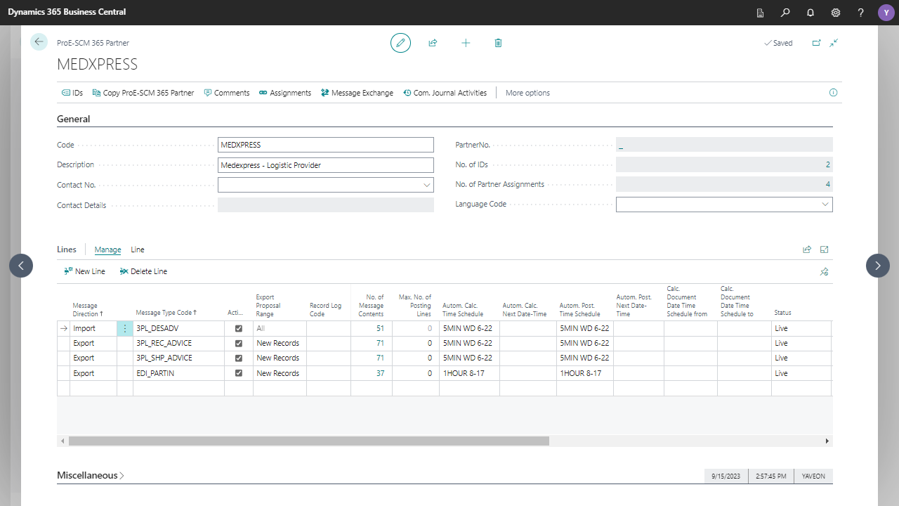 Dynamics 365 Business Central interface showing MEDXPRESS partner details.