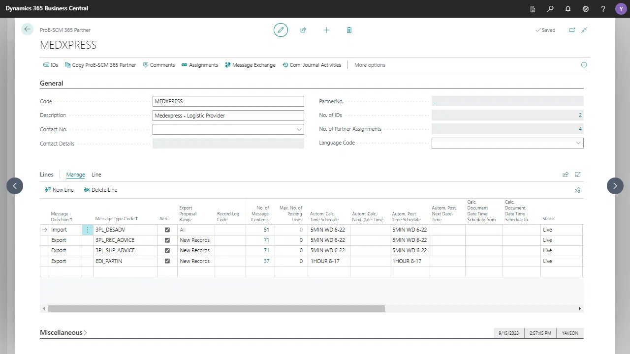 Dynamics 365 Business Central interface showing MEDXPRESS partner details.
