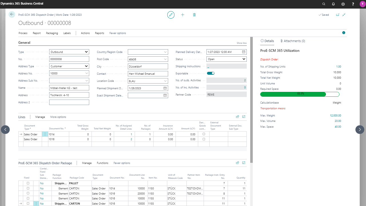 Dynamics 365 Business Central dispatch order screen with shipment details.