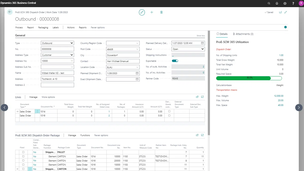Dynamics 365 Business Central dispatch order screen with shipment details.