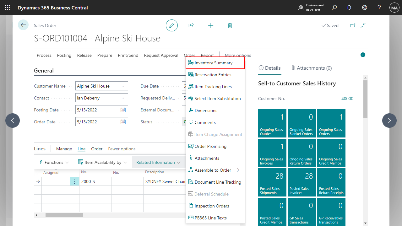 Dynamics 365 Sales Order Interface mit Inventarübersicht-Menü.