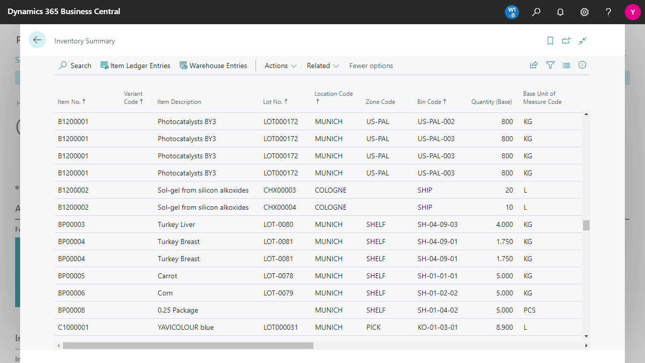 Dynamics 365 Business Central inventory summary.