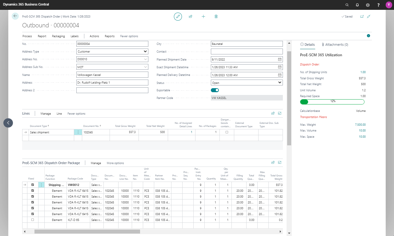 Dynamics 365 Business Central dispatch order screen.
