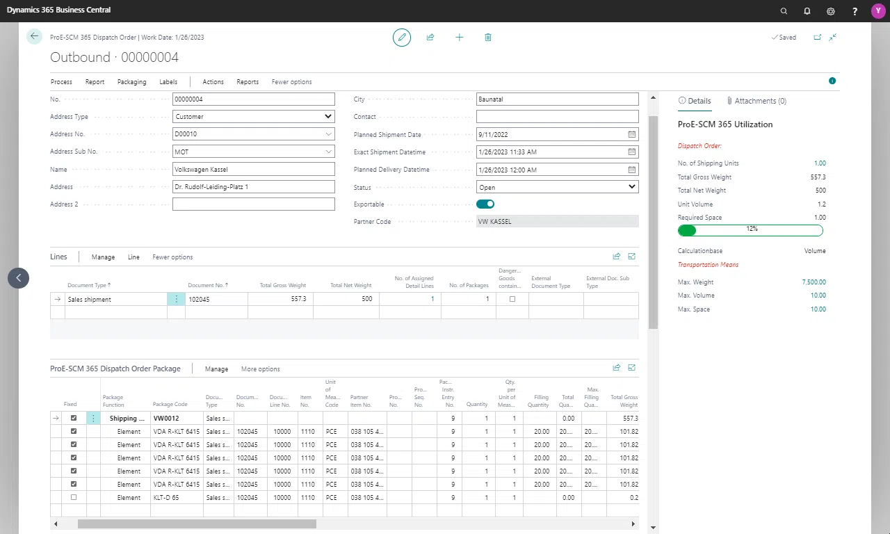 Dynamics 365 Business Central dispatch order screen.