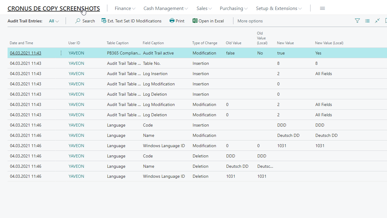 Audit trail entries screen with modifications and insertions.