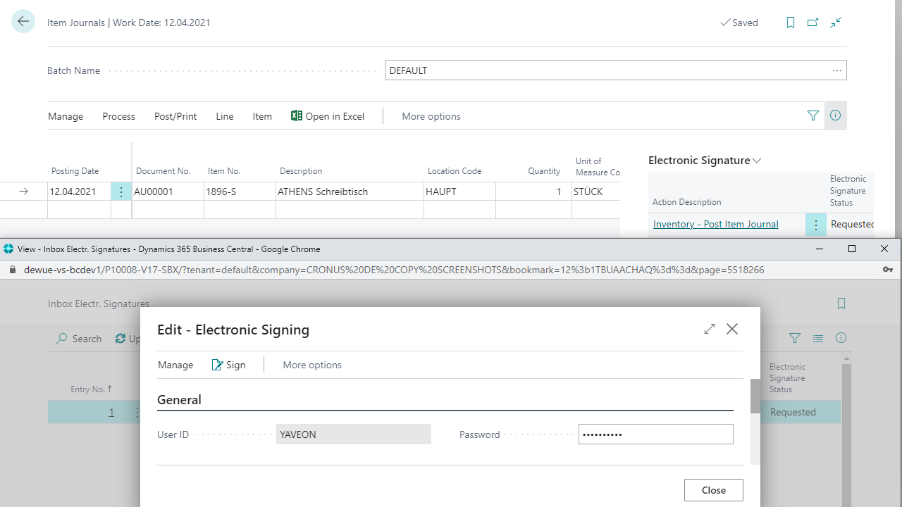 Screen showing Dynamics 365 Business Central electronic signing process.
