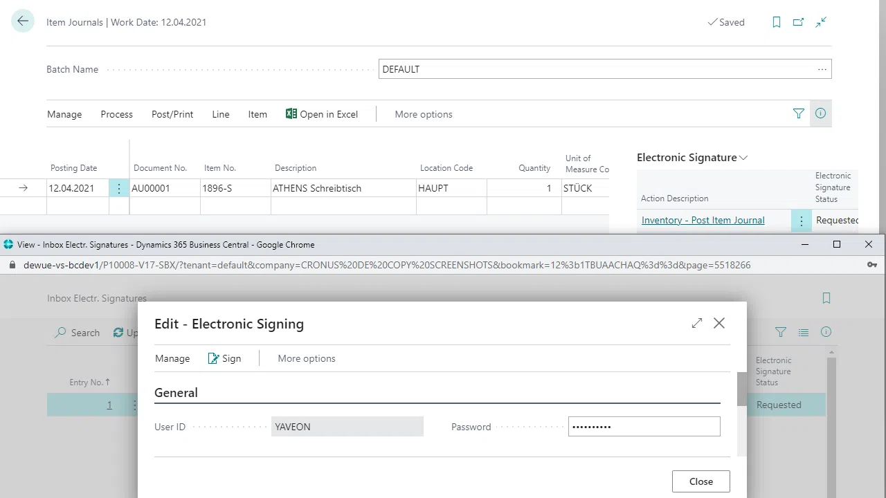 Screen showing Dynamics 365 Business Central electronic signing process.