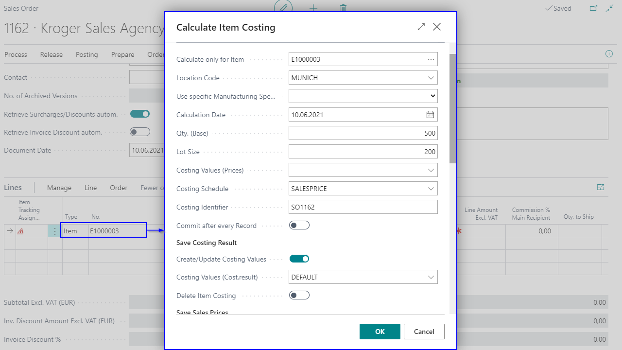 Calculate Item Costing window in sales order software.