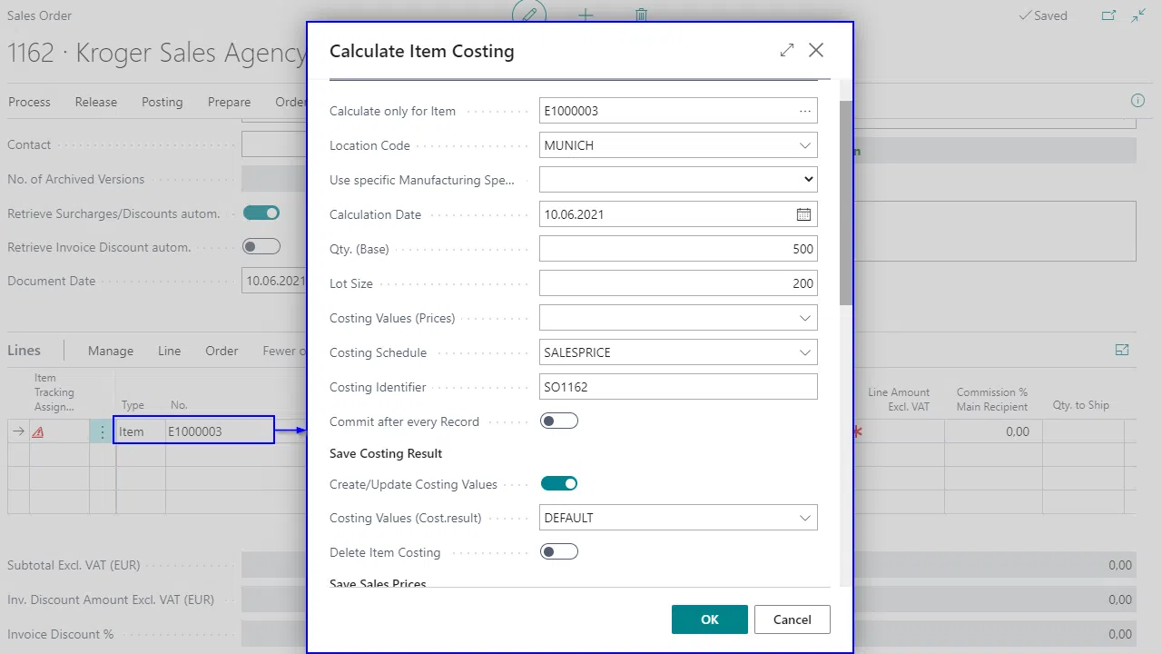 Calculate Item Costing window in sales order software.