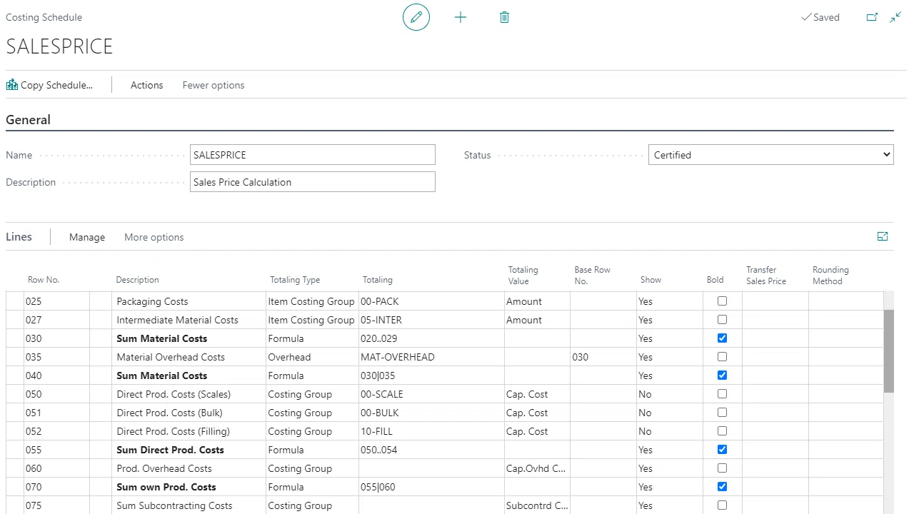 Costing schedule interface for sales price calculation.