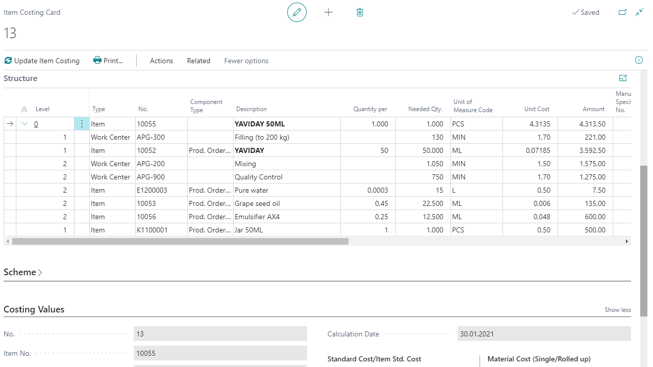Item Costing Card showing product cost breakdown.