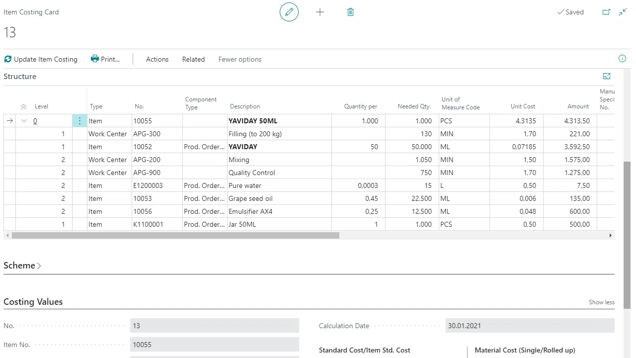 Item Costing Card showing product cost breakdown.