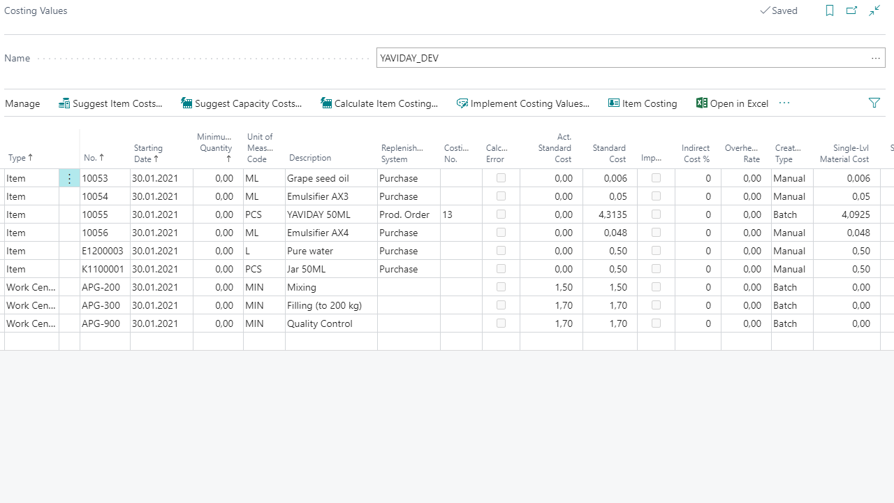 Costing values table with product and work center details.