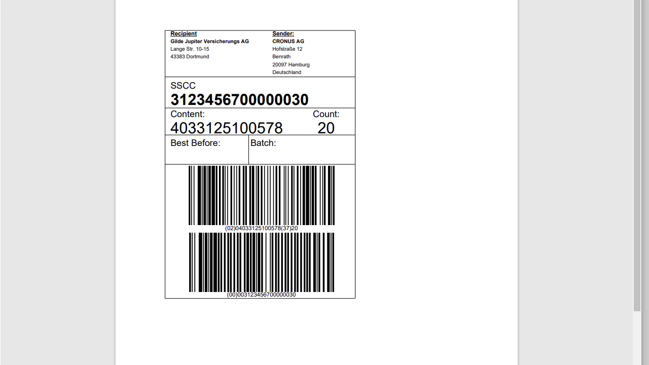 Shipping label with barcodes and recipient details.