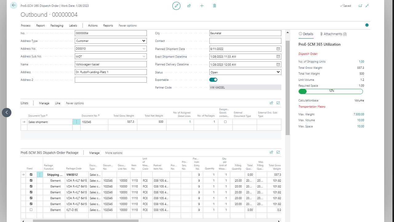 Dispatch order screen with shipment details in ProE-SCM 365 software.